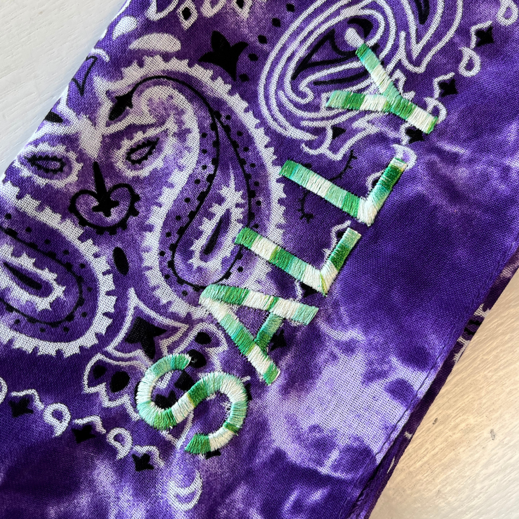 Let's personalize! Tye die purple bandana with ombre green letters