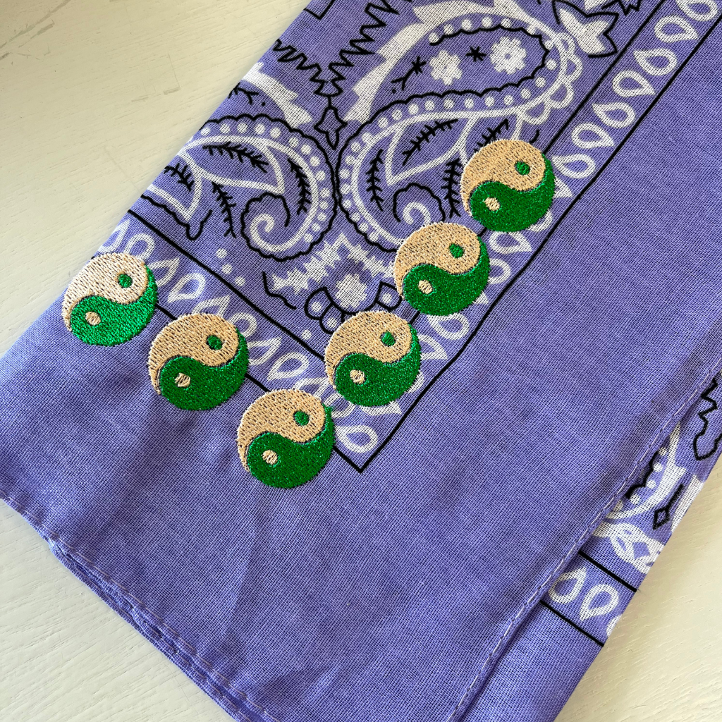 Lilac bandana with green and creme Ying yang
