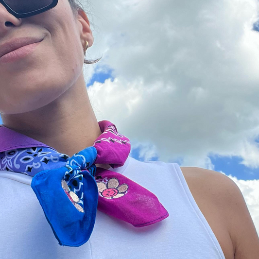 Knotted bandana tye die bandana with flower smiley