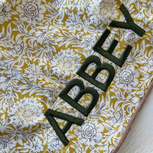 Let's personalize! Floral beige bandana with olive green yarn