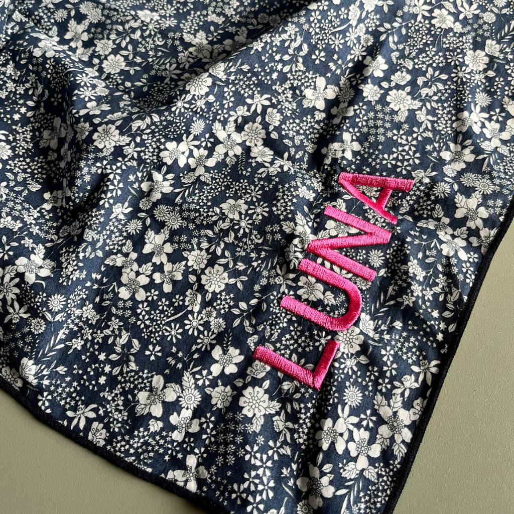 Let's personalize! Dark blue flowers with pink letters