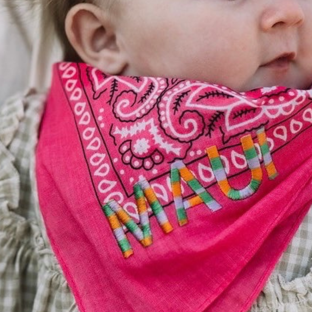 Let's personalize! Fuscia bandana with multi colored yarn