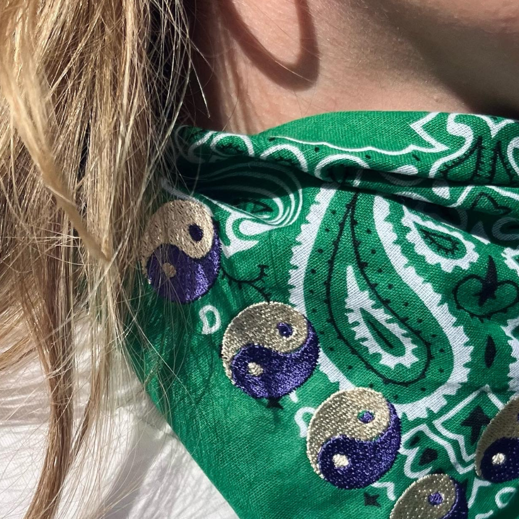 Green bandana with purple and creme Ying yang