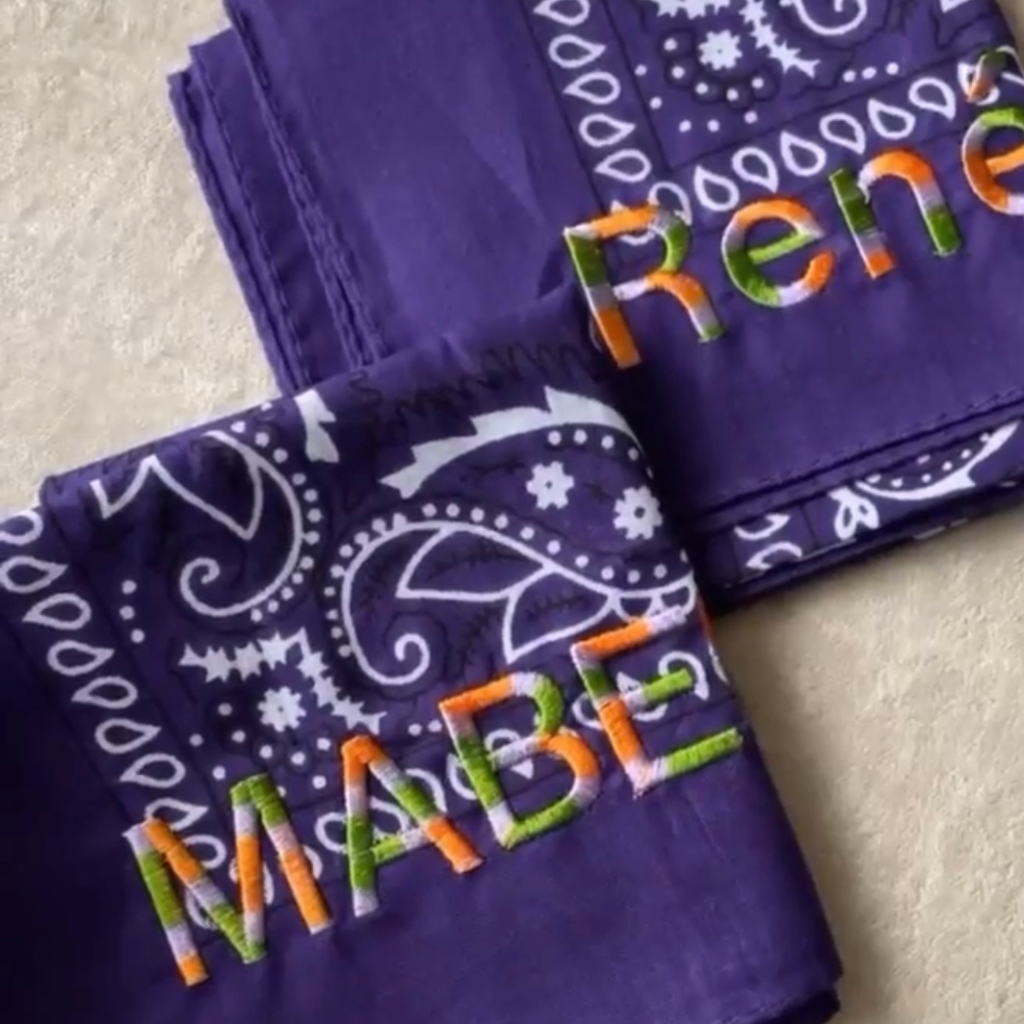 Let's personalize! Purple bandana with lilac, orange and green yarn